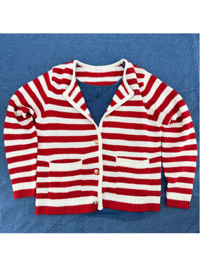 Striped Cardigan Red & Ivory with Blue Tank Top Gold Buttons Americana Patriotic